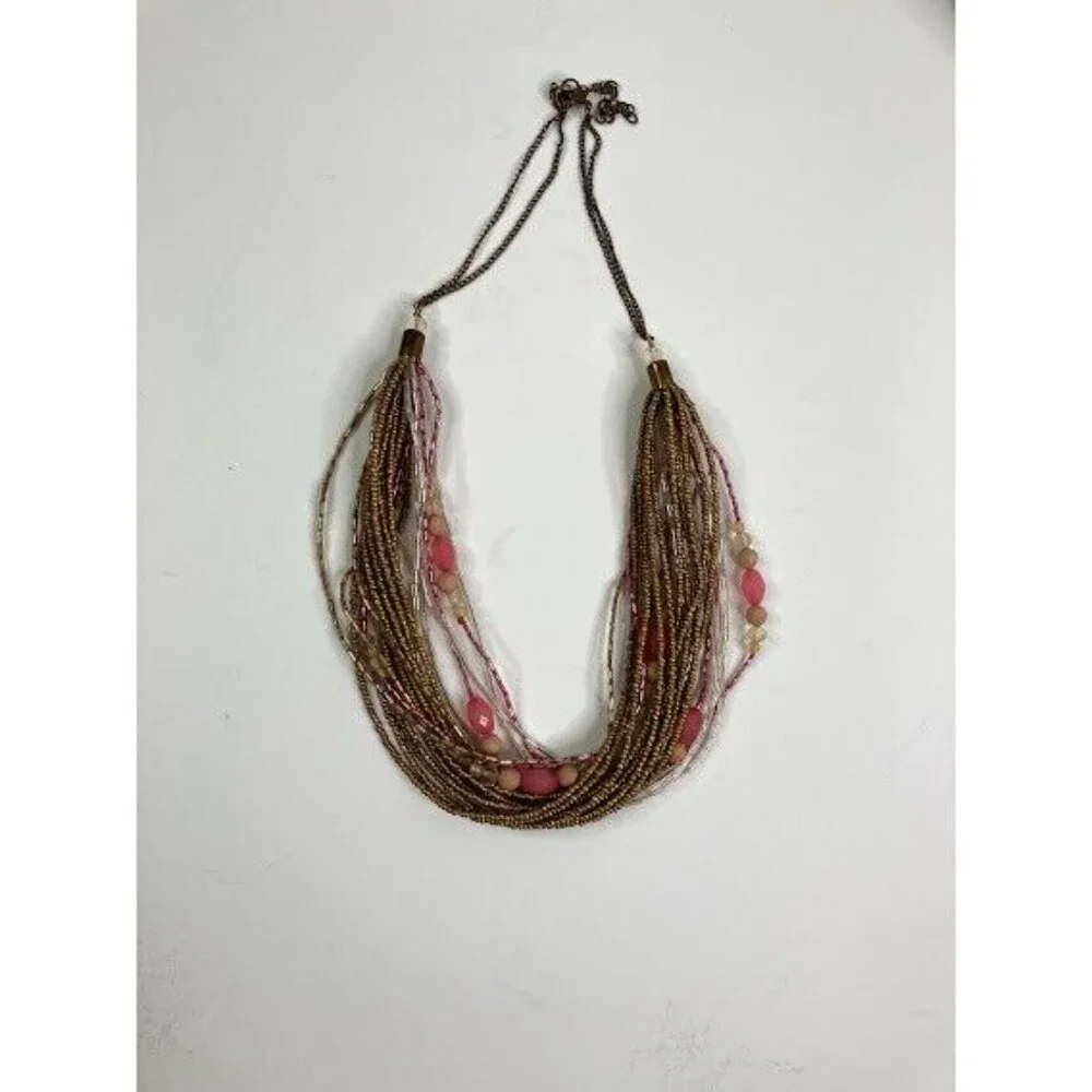 Beaded Necklace Multi Strand Twisted Seed Bead‎ Pink Clear Gold Tone Statement